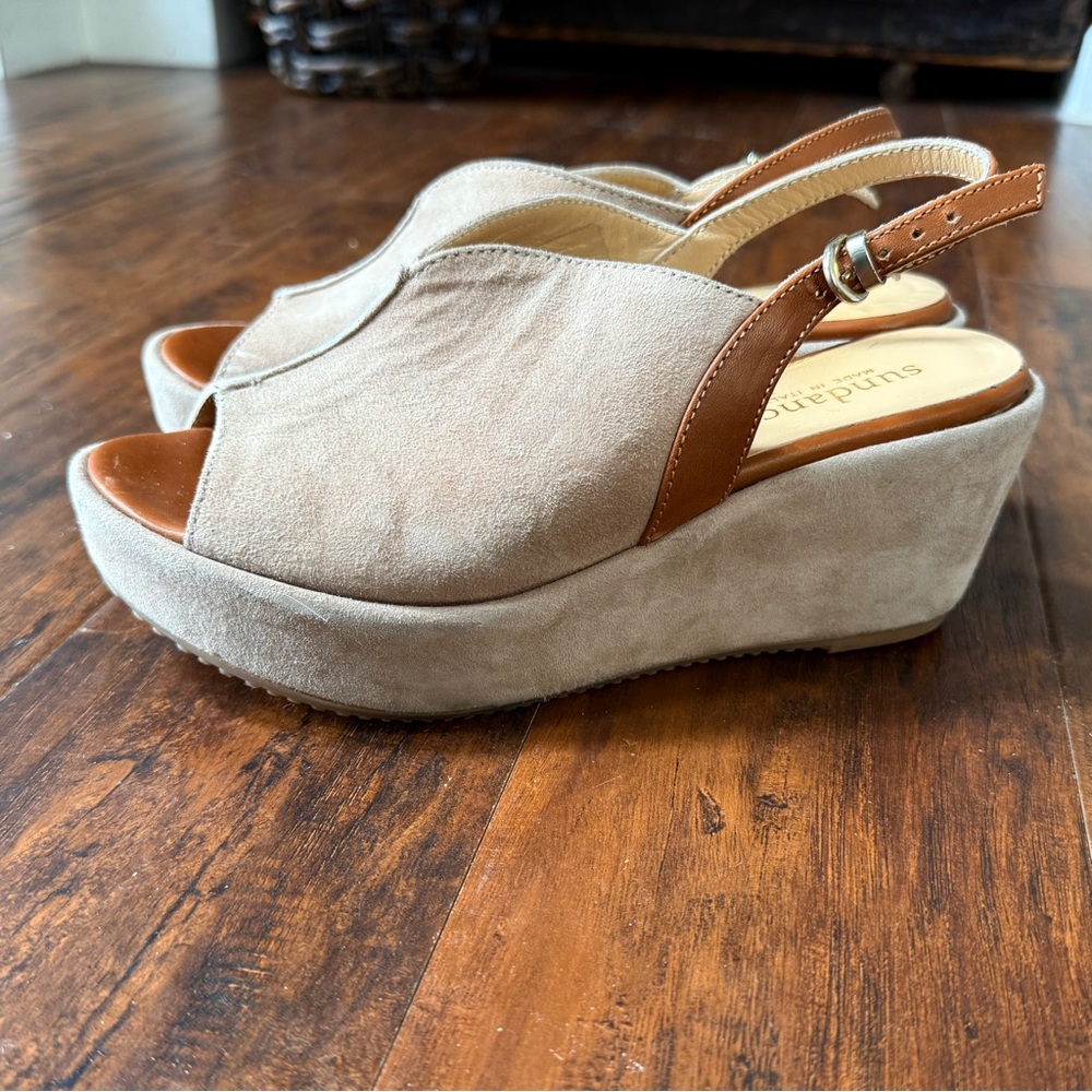 Sundance Suede Wedge Platform Slingback Sandals Made in Italy Size 37 Beige